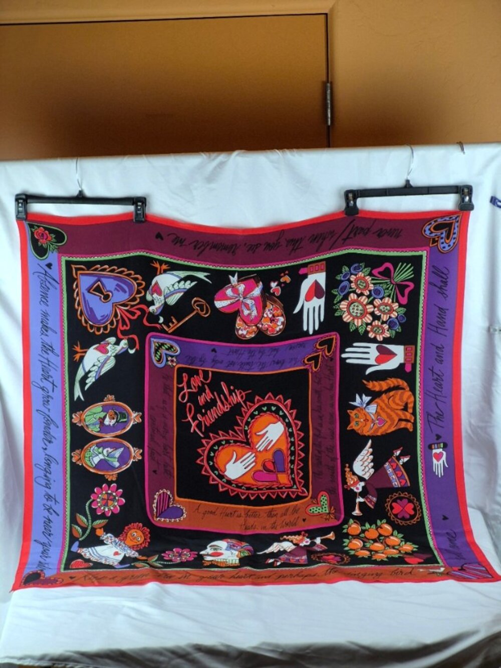 Bob Mackie Wearable Art Scarf Whimsical Folkart Poetic Phrases Hearts Angels Cat